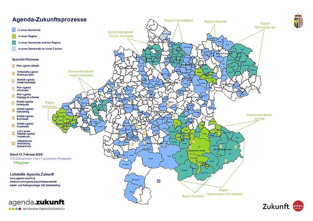 Landkarte der Gemeinden und Regionen im Agenda.Zukunft Netzwerk OÖ