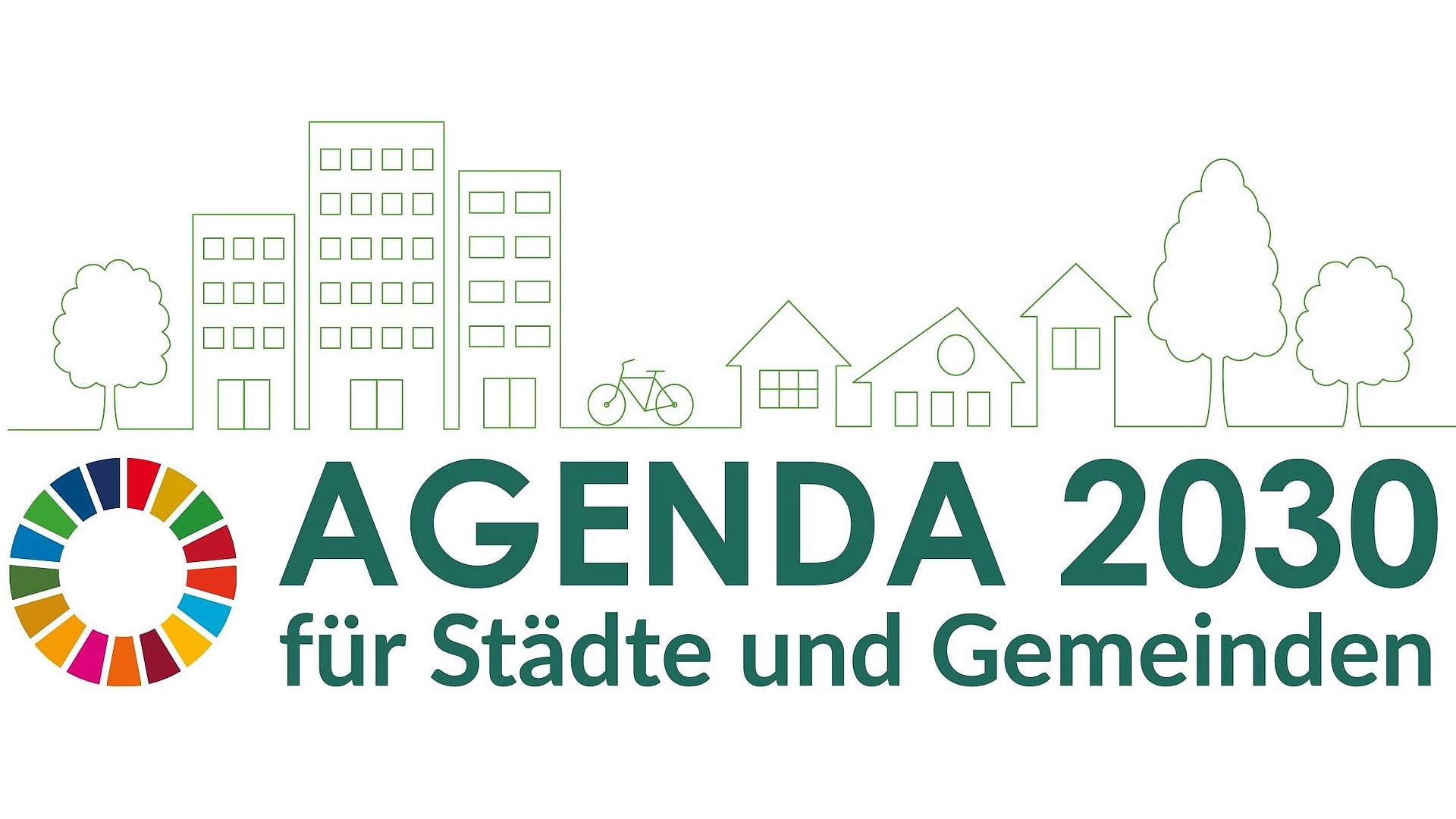 Grafische Darstellung mit Aufschrift "Agenda 2030 für Städte und Gemeinden"